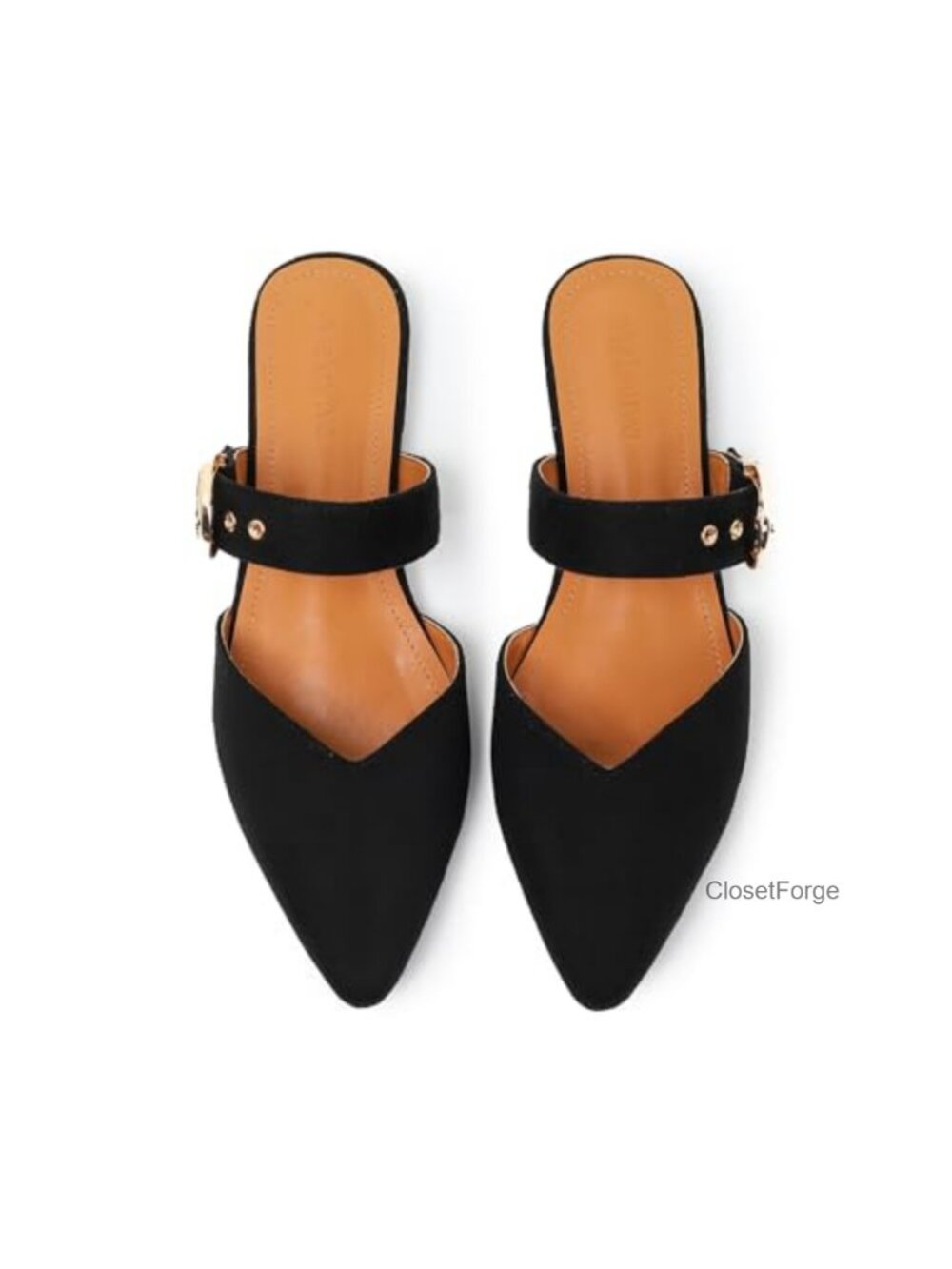 Women's Pointed Toe Mules Slip-On Flats Adjustable Strap Faux Suede